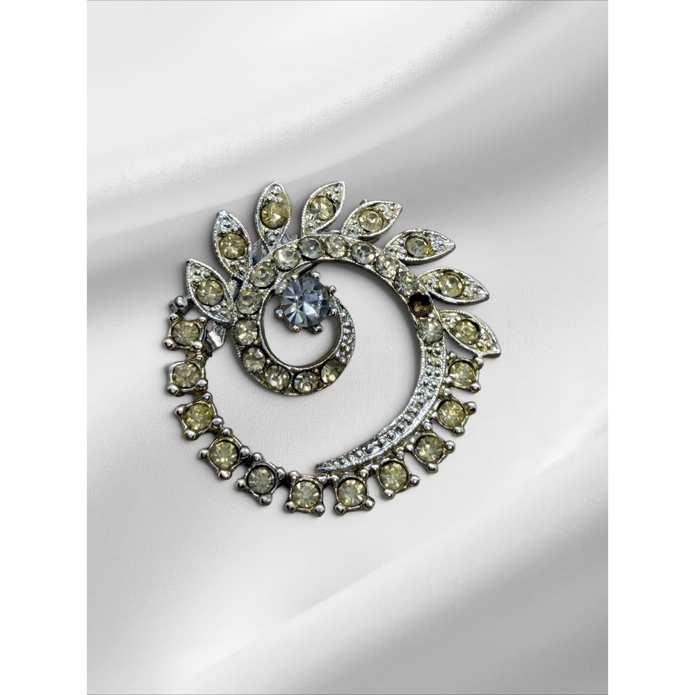 Vintage Silver Tone Spiral Rhinestone Brooch Champagne Swirl Pin Women Accessory - Picture 2 of 6